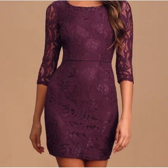 Lulus Mini Dress Size S All For You Dark Purple Lace Bodycon 3/4 Sleeve - Picture 1 of 10